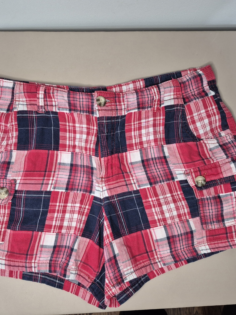 100% Cotton Faded Glory Plaid Shorts Size 12 Pink Blue Patchwork